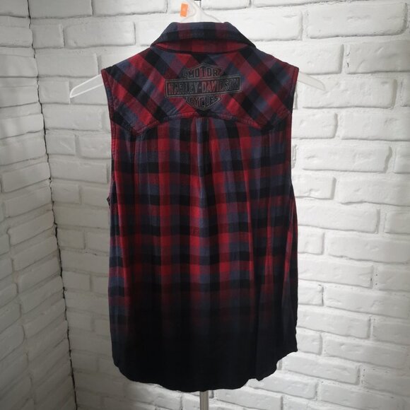 Harley-Davidson Genuine Motor Clothes Ladies Sleeveless Red Plaid Blouse - Picture 2 of 10